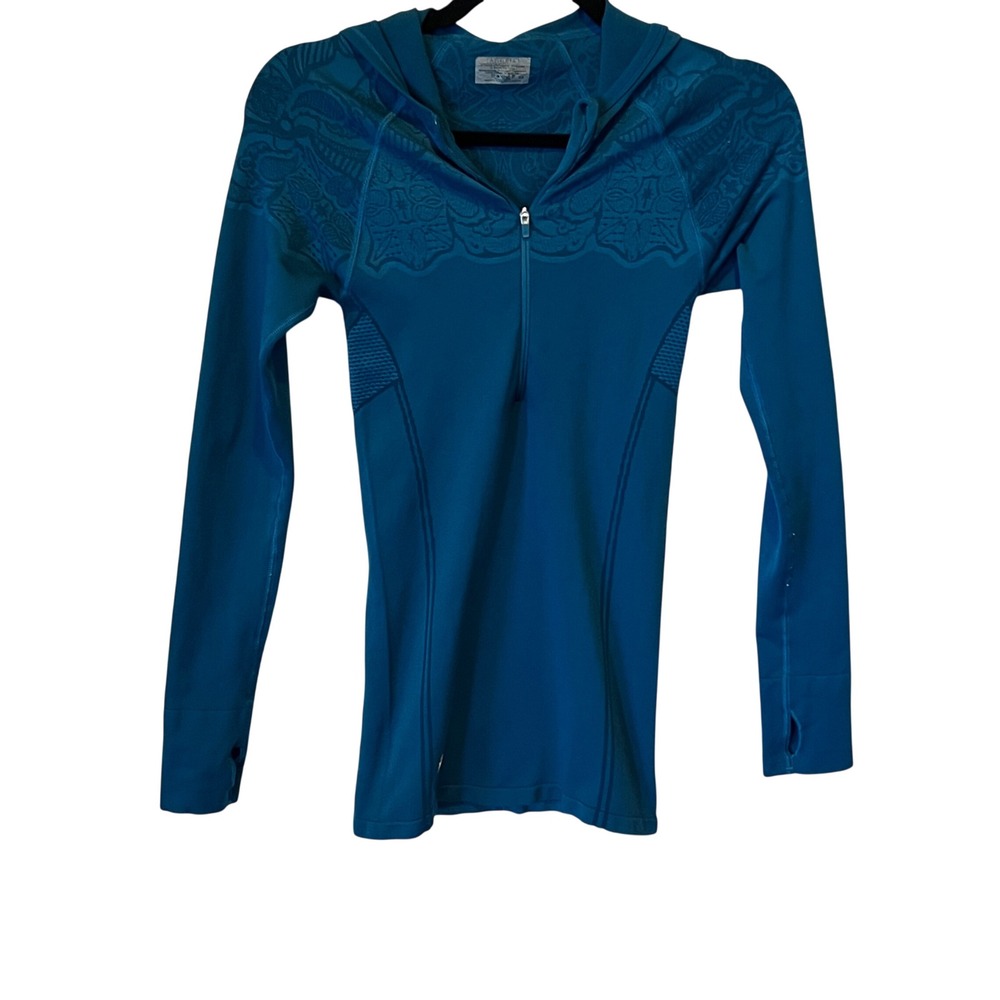 Athleta Womens XS Teal Blue Jacquard‎ Mandala Quarter Zip Hooded Top Thumbholes